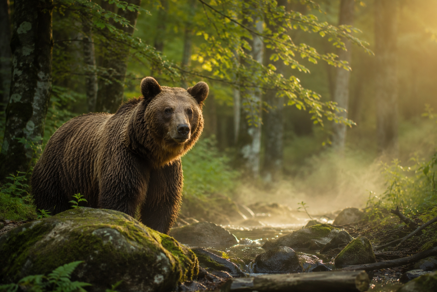Braunbär im Morgenlicht am Bach im Nationalpark Plitvicer Seen