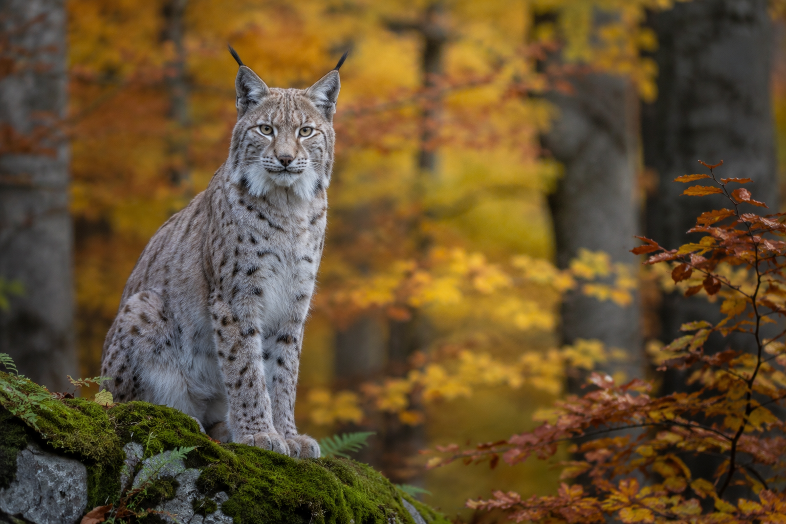 Eurasischer Luchs auf moosbewachsenem Stein im Herbstwald