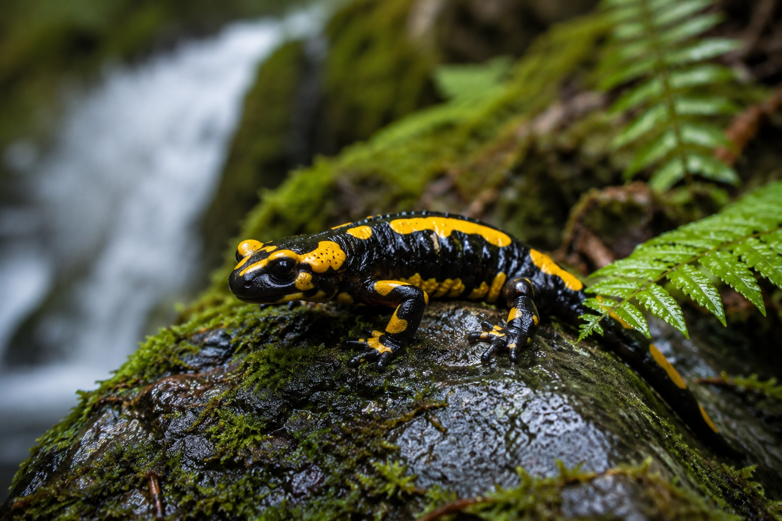 Feuersalamander mit Gelb-Schwarz-Muster auf nassem Moosfelsen