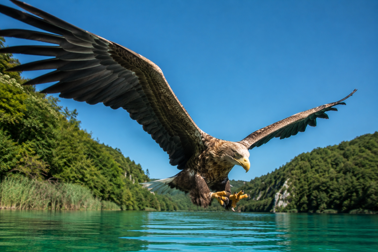 Seeadler im Sturzflug über türkisblauen See